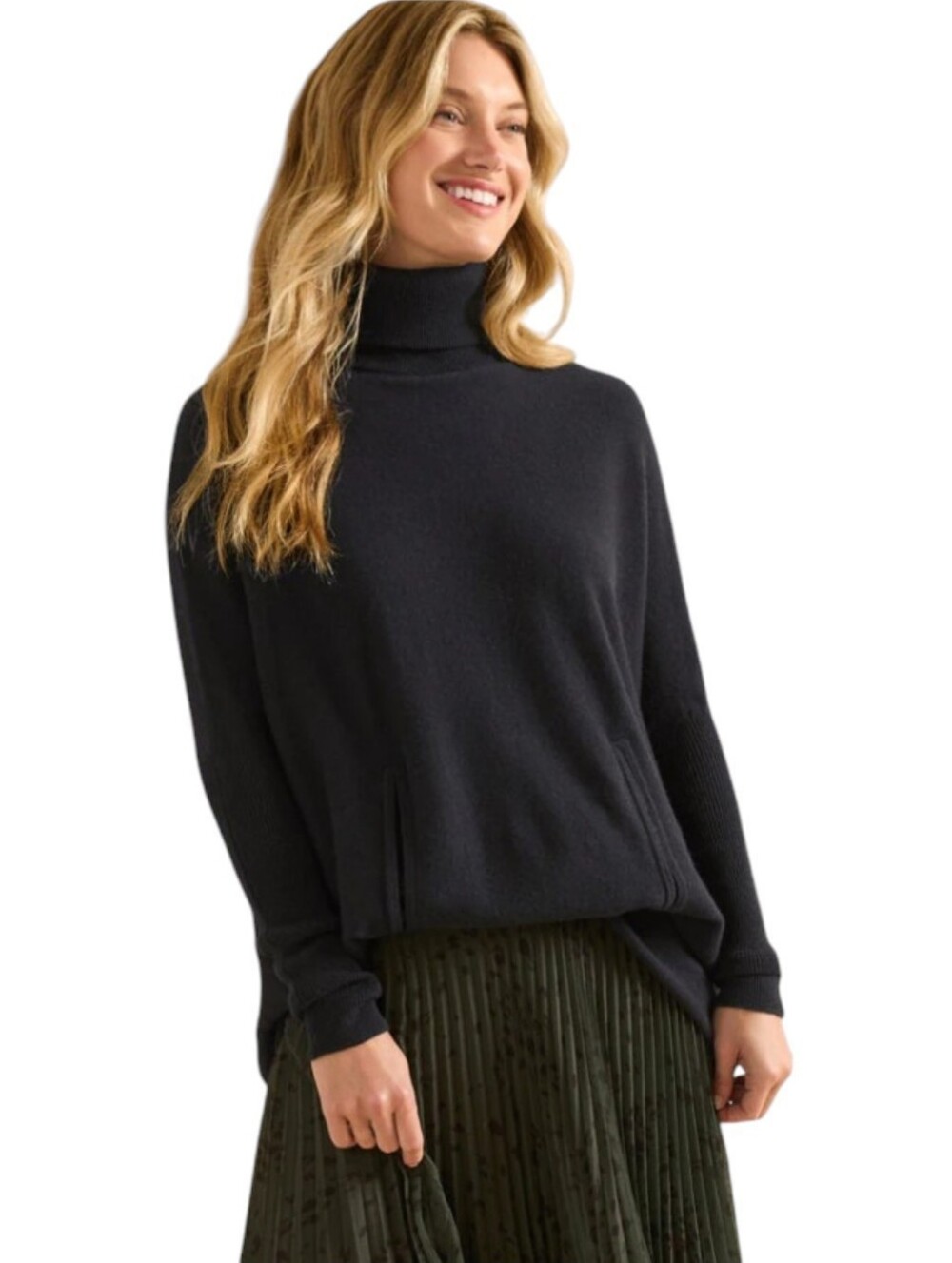 Garnet Hill Oversized Turtleneck Tunic Sweater Black Cashmere Wool Blend Medium